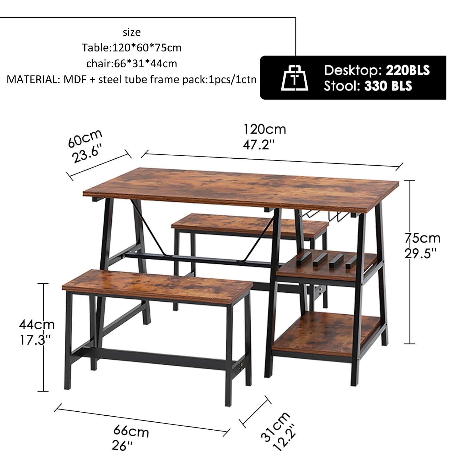 Comedor industrial con repisas y banquetas