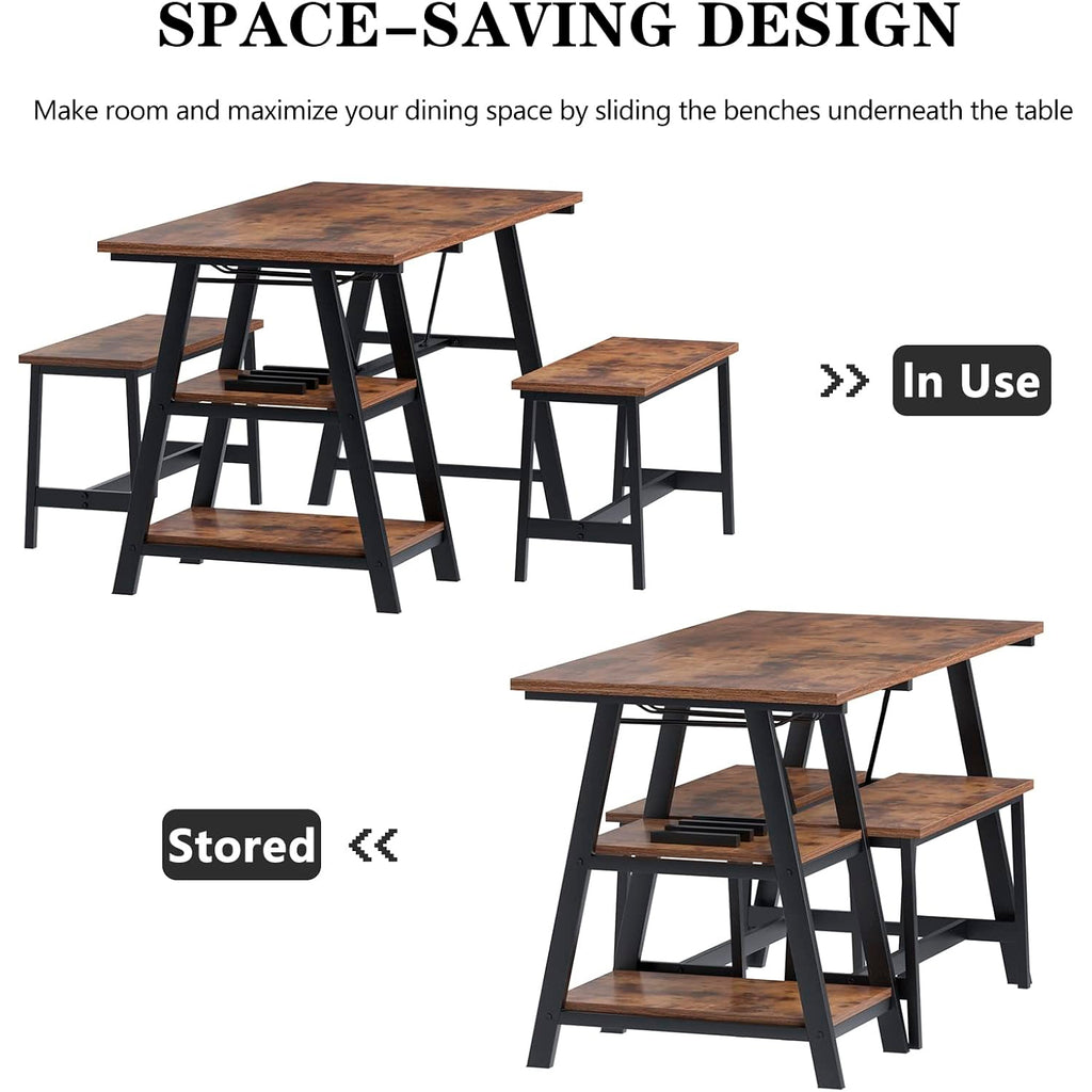 Comedor industrial con repisas y banquetas