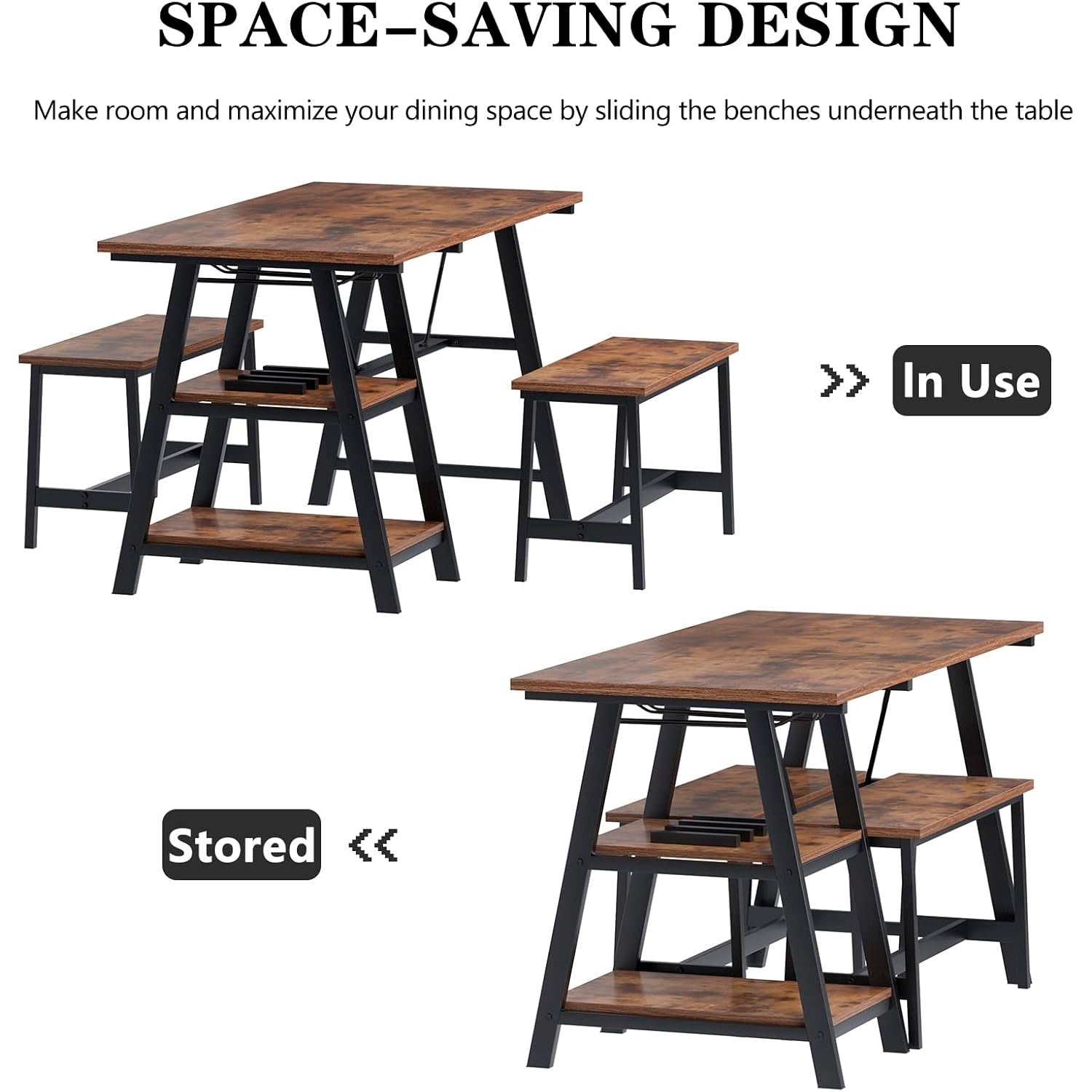 Comedor industrial con repisas y banquetas