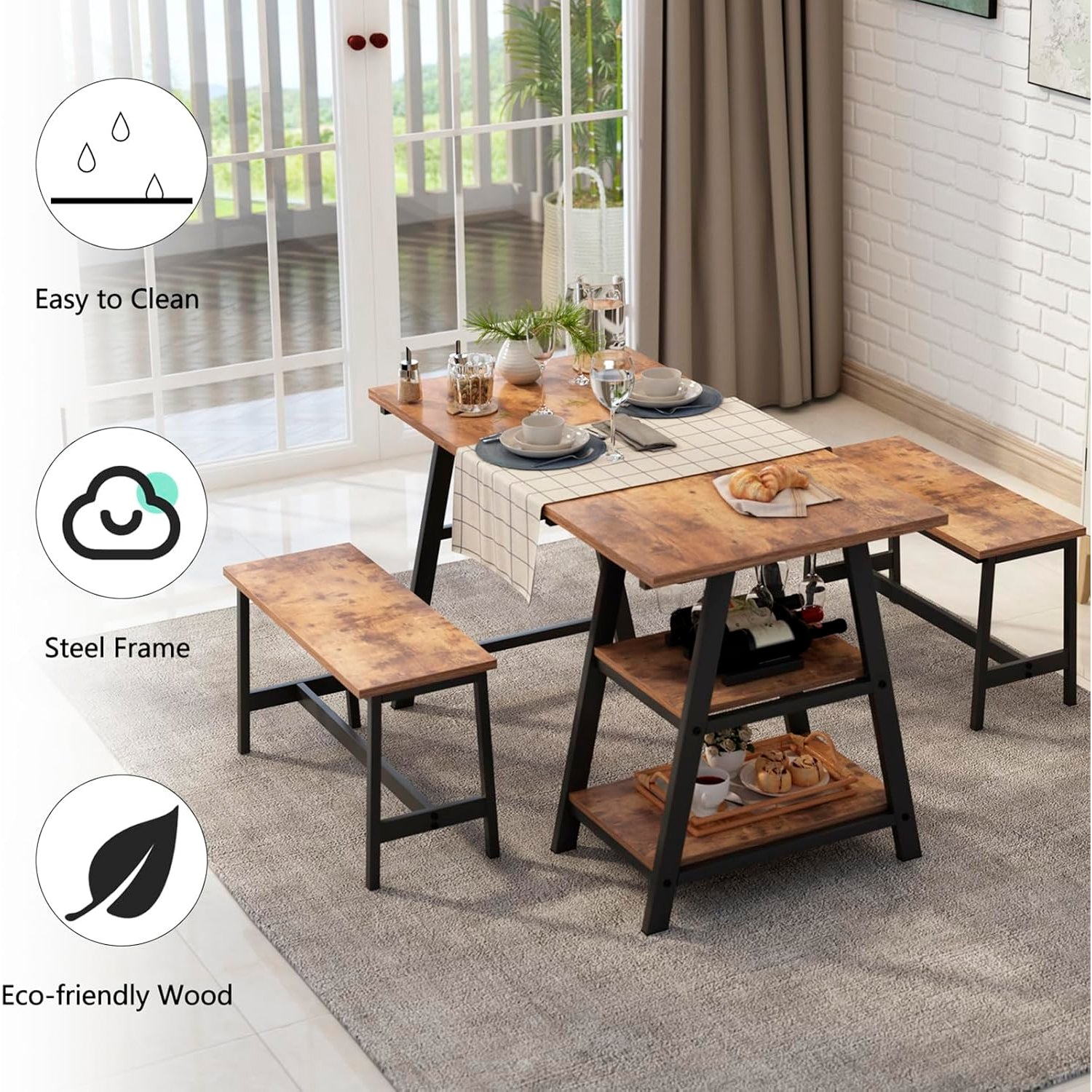 Comedor industrial con repisas y banquetas